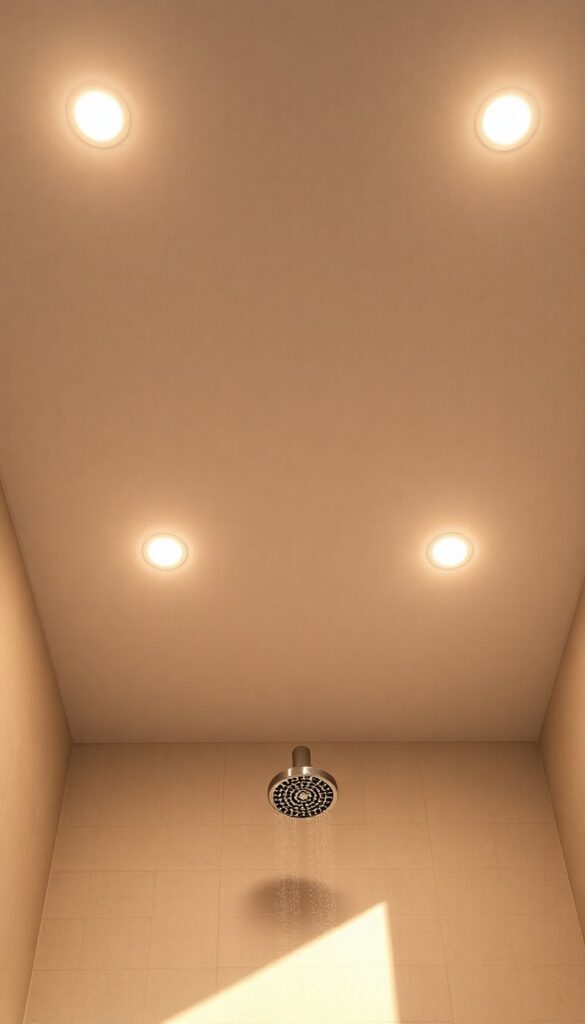Close-up view of a shower ceiling featuring textured plaster accents around lighting fixtures, casting a soft warm glow in a rustic bathroom setting