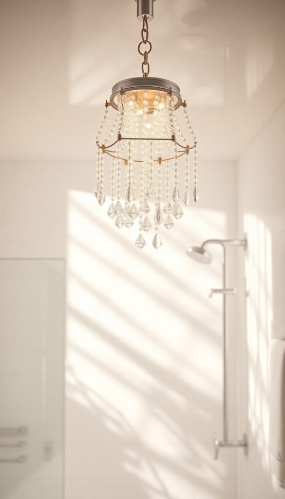 Mini chandelier with crystal drops in a bathroom shower, creating sparkling light reflections for a warm and glamorous ambiance