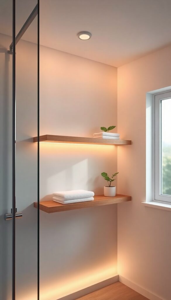 A floating shelf with warm LED lighting under it in a modern bathroom shower, creating a soft glow for a spa-like feel.