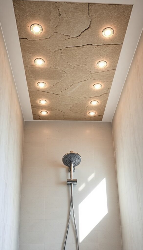 A shower ceiling with natural stone inset and recessed lights creating a warm, organic vibe in a bathroom.