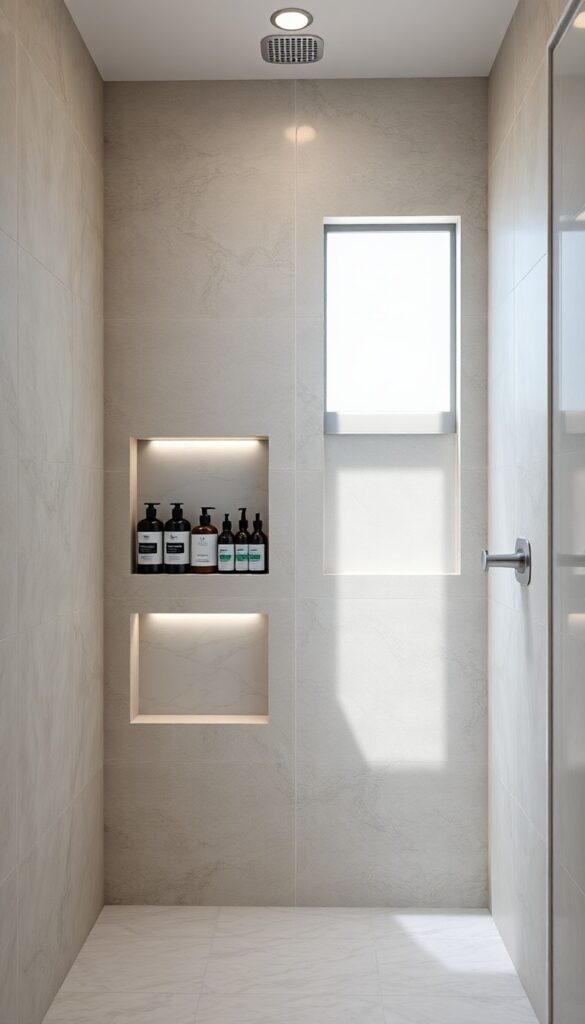 Modern shower with built-in niches for smart storage, showing organized bottles and soaps in recessed shelves with marble lining and LED lighting in a bright, clean bathroom setting.