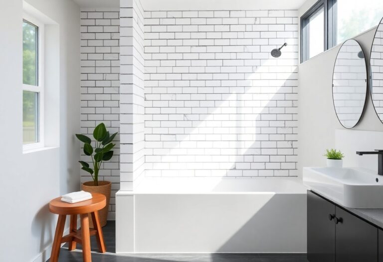 Modern bathroom with white subway tile tub shower and dark grout, showcasing a clean, put-together design with natural light and simple decor.