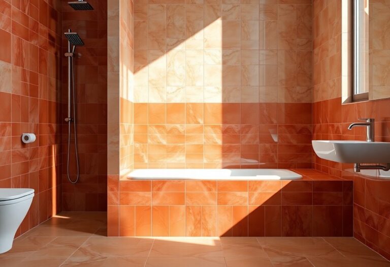 Modern bathroom shower with a terracotta-tiled curb, highlighting polished finishes and warm lighting in a stylish home decor setting.