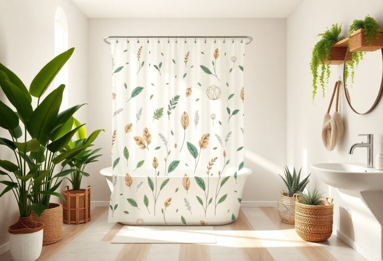 A bright bathroom featuring a botanical print shower curtain with green plants and wooden decor accents.