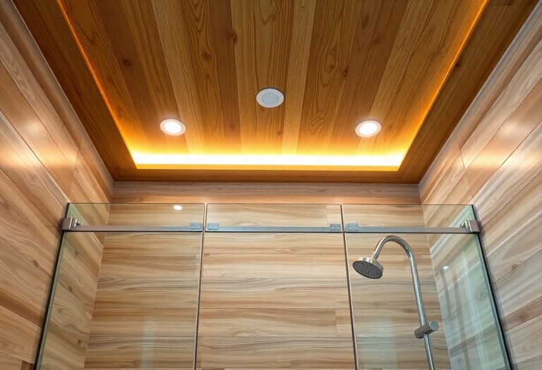 Modern bathroom shower with a wood plank ceiling and recessed lighting, showcasing a cozy and stylish decor idea.