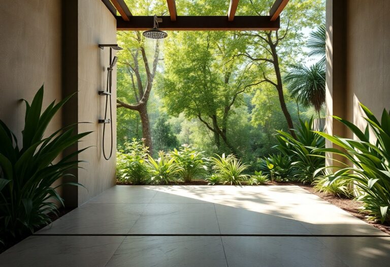 Outdoor shower with natural stone floor in a garden setting, featuring plants and sunlight for a practical, stylish home decor idea.