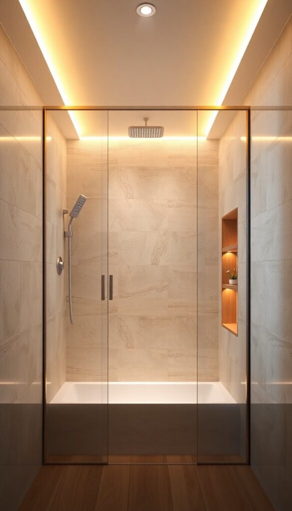 A serene shower enclosure with waterproof LED lights providing soft warm illumination on stone walls and wooden accents for a calming atmosphere.