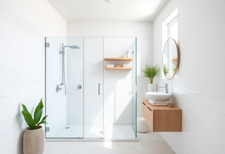 Modern small shower room with corner glass shower, wall-mounted vanity, and floating shelves in a bright, minimalist design.