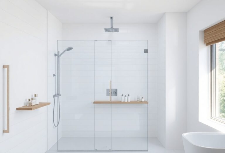 Modern standup shower with frameless glass, white tiles, and a floating shelf in a bright, open bathroom.