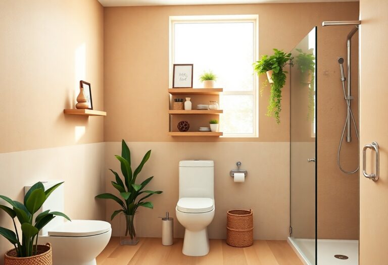 A stylish and well-planned toilet and shower room with warm colors, floating shelves, plants, and natural light, highlighting practical home decor ideas.