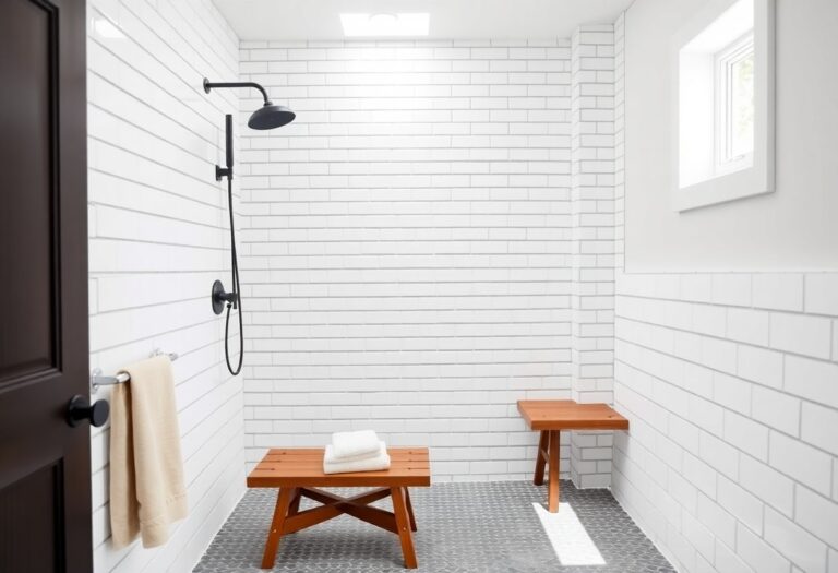 Modern farmhouse shower with white subway tiles, black fixtures, wooden bench, and neutral towels in a clean, bright bathroom.