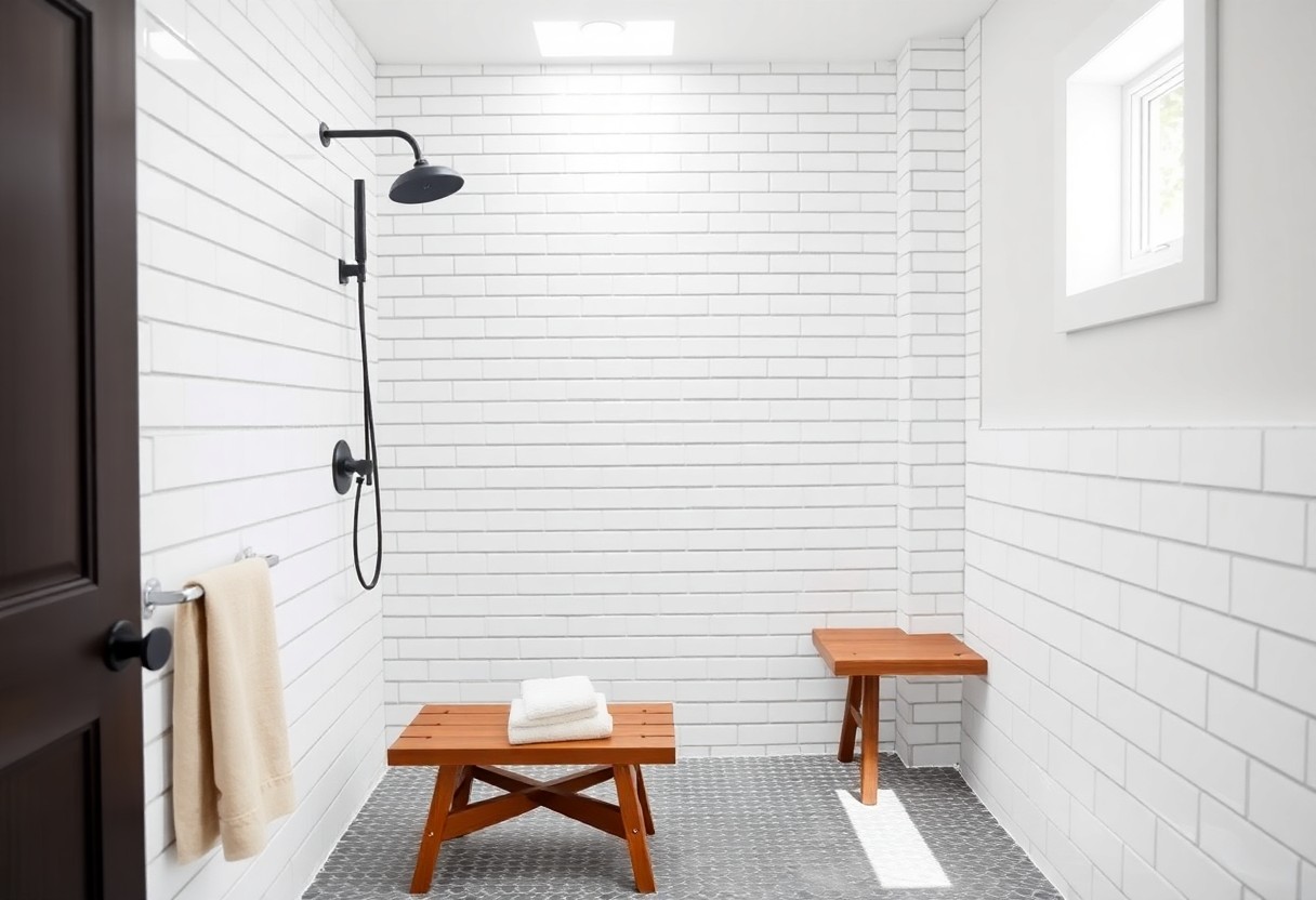 Modern farmhouse shower with white subway tiles, black fixtures, wooden bench, and neutral towels in a clean, bright bathroom.