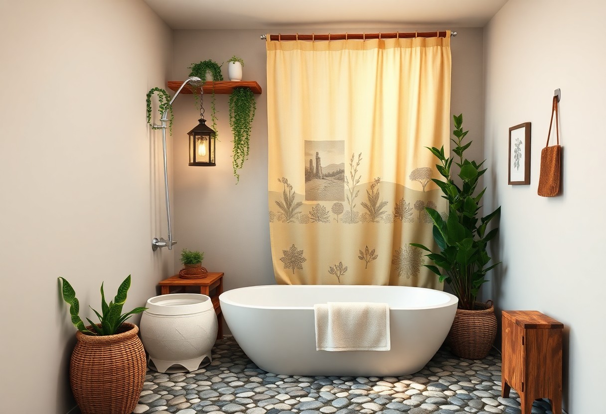Cozy DIY camping shower setup with rustic wood, plants, and soft lighting in a home bathroom.