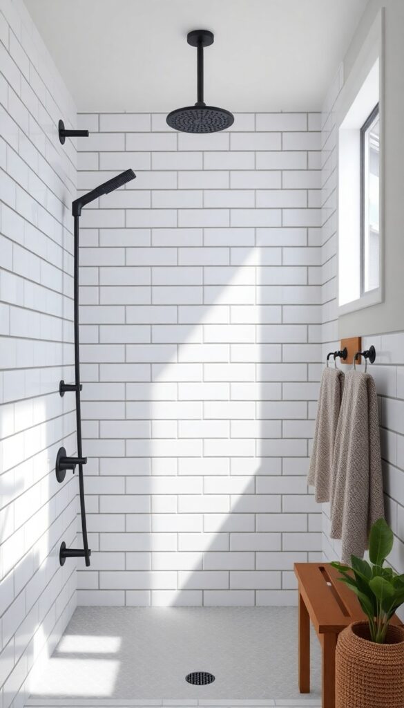 A clean and put-together bathroom shower with white subway tiles and dark grout, featuring matte black fixtures, wood accents, and natural light.