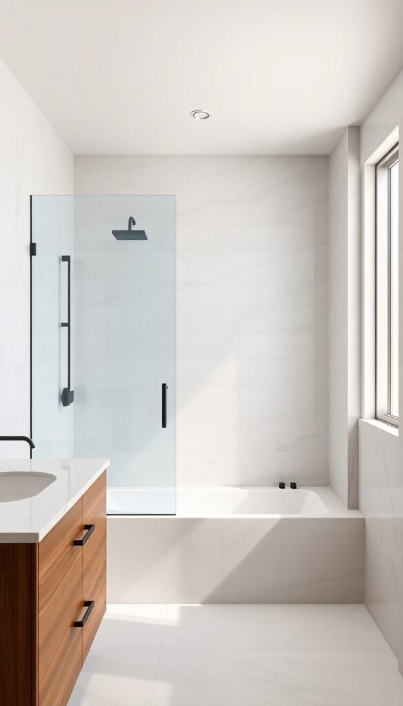 A modern bathroom with a tub shower covered in large-format porcelain slabs, showcasing minimal grout lines and a seamless surface for a clean, open feel