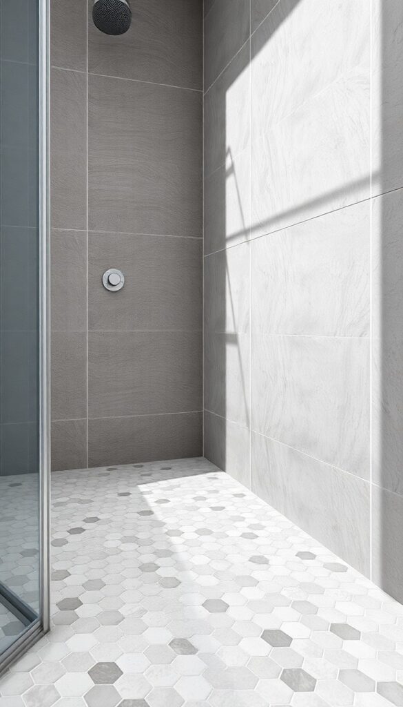 Close-up of hexagonal mosaic floor tiles in a bathroom shower with natural light and clean design