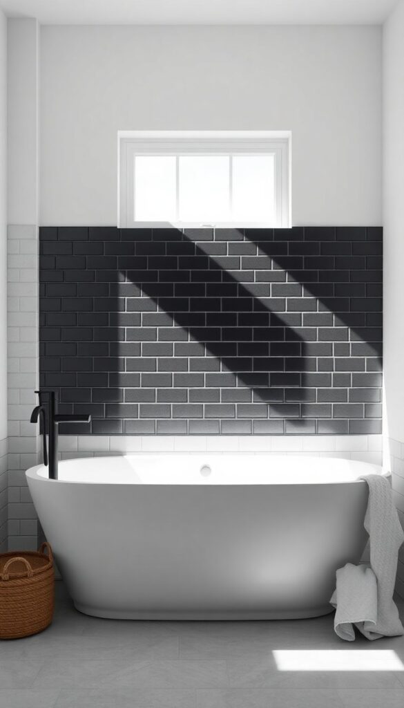A modern bathroom featuring a matte black tile accent wall behind a bathtub, with natural light, light-colored tiles, and minimal decor for a clean and put-together look.