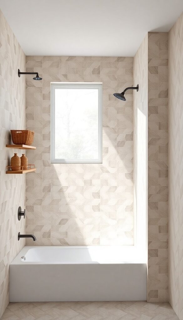 Herringbone pattern neutral tile tub shower in a bright bathroom with natural light and simple fixtures.