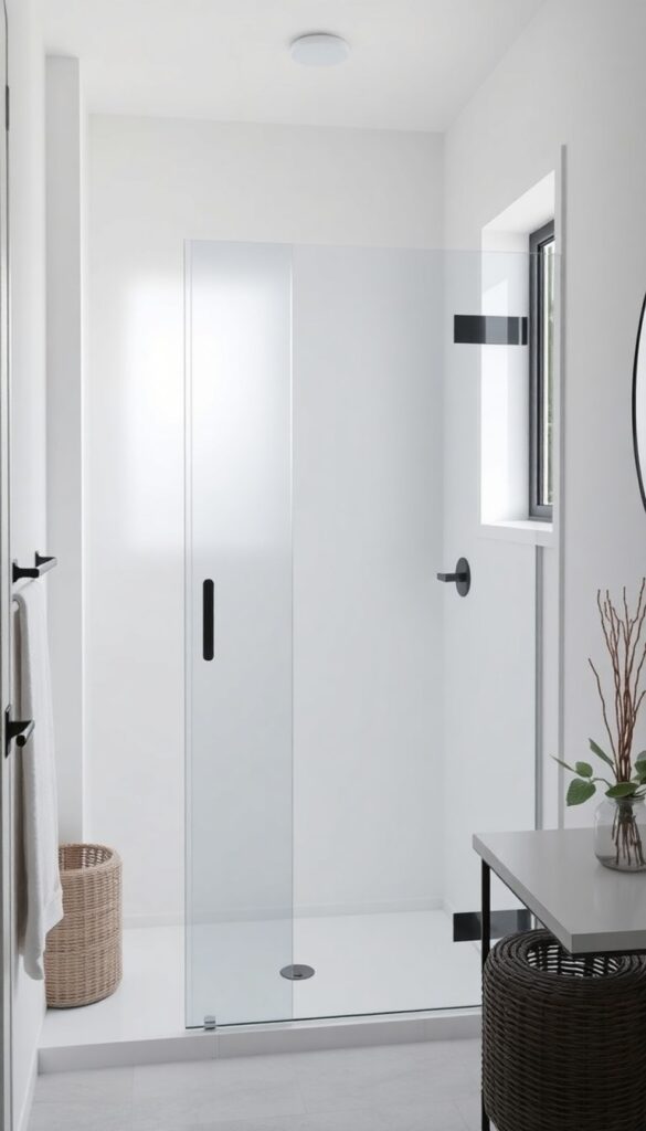 A modern small bathroom featuring a sliding glass shower door with frosted panels and matte black hardware, showcasing space-saving design in bright natural light