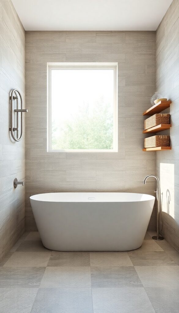 Textured stone-look tiles in a bright bathroom with natural light, featuring a freestanding tub, wood shelves, and brushed nickel fixtures for a clean, rustic-chic aesthetic.