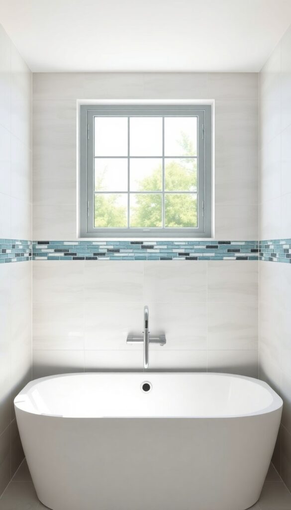 A close-up view of a glass tile backsplash strip above a bathtub in a clean bathroom setting, reflecting natural light and adding a polished accent to the space.