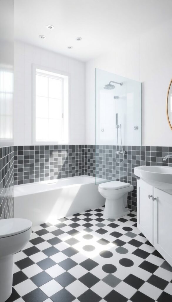 A checkerboard floor in black and white tiles in a clean, retro-inspired bathroom shower