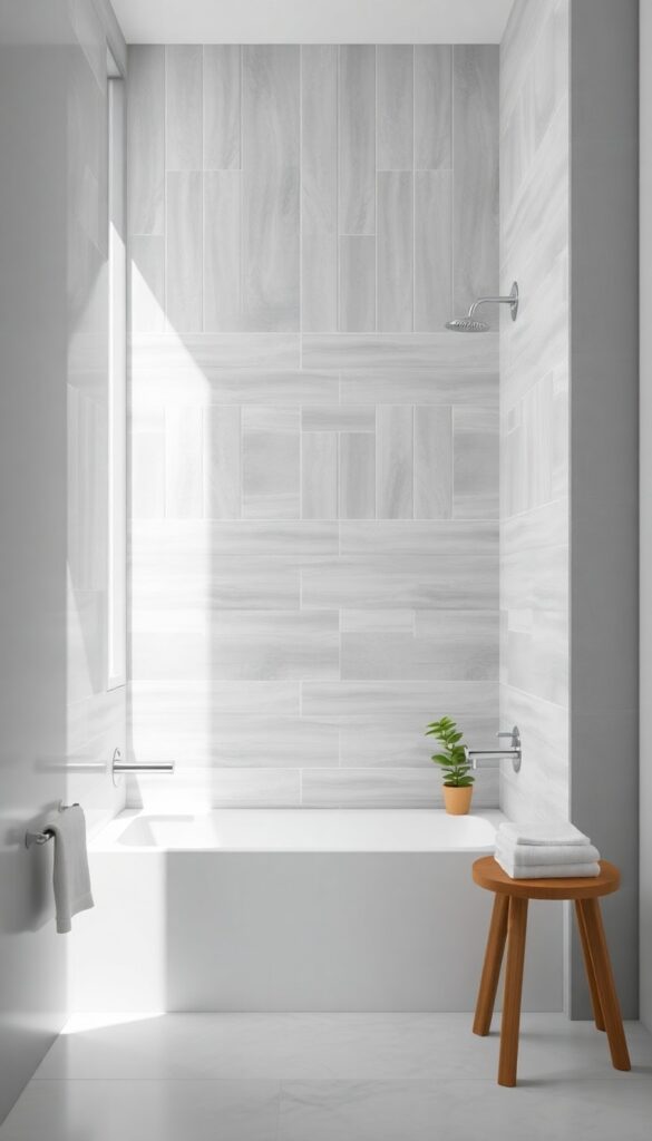 Vertical stacked soft gray tiles in a bright, serene bathroom tub shower with chrome fixtures and natural light.