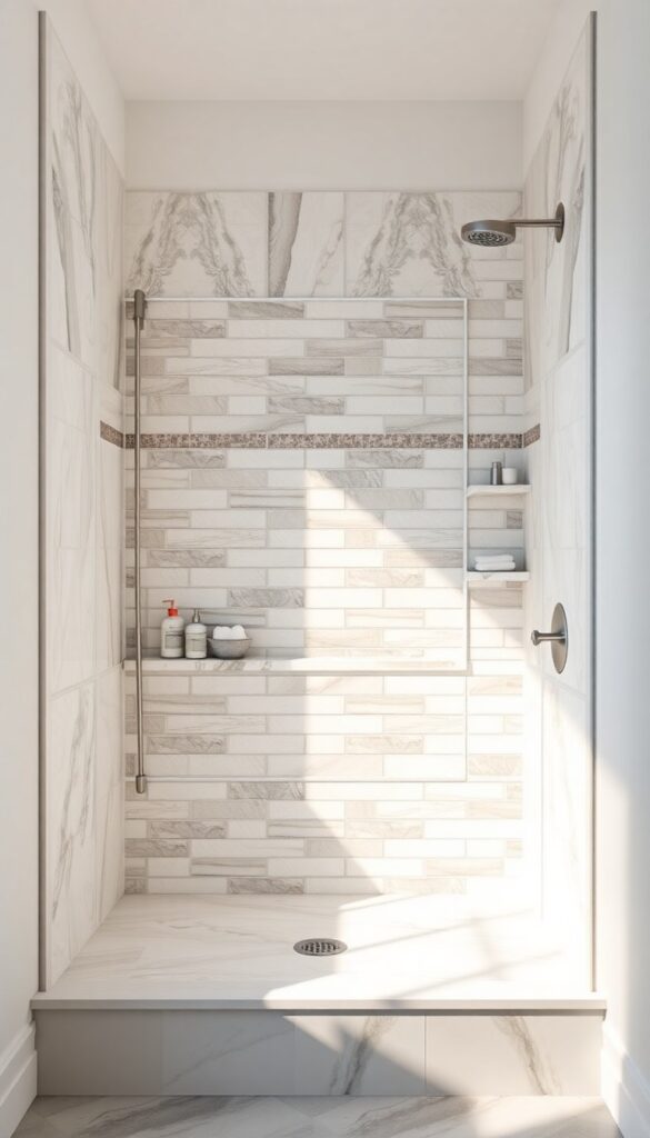 A shower niche with mixed marble and ceramic tiles and built-in shelving for organized storage in a clean bathroom.