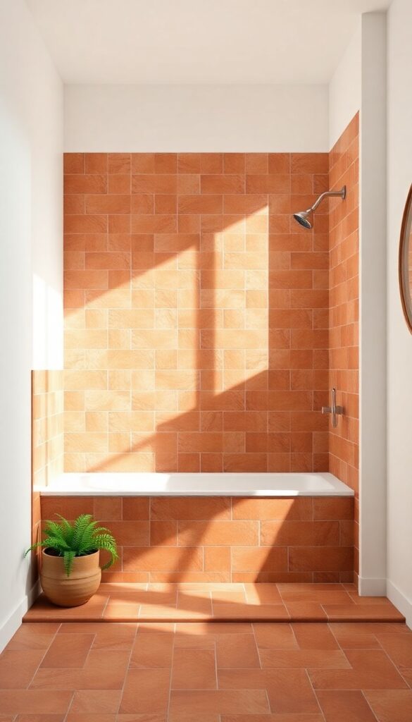 A close-up view of a shower curb with warm terracotta tiles in a bright bathroom setting, showcasing rustic charm and cozy vibes with natural light and clean composition.