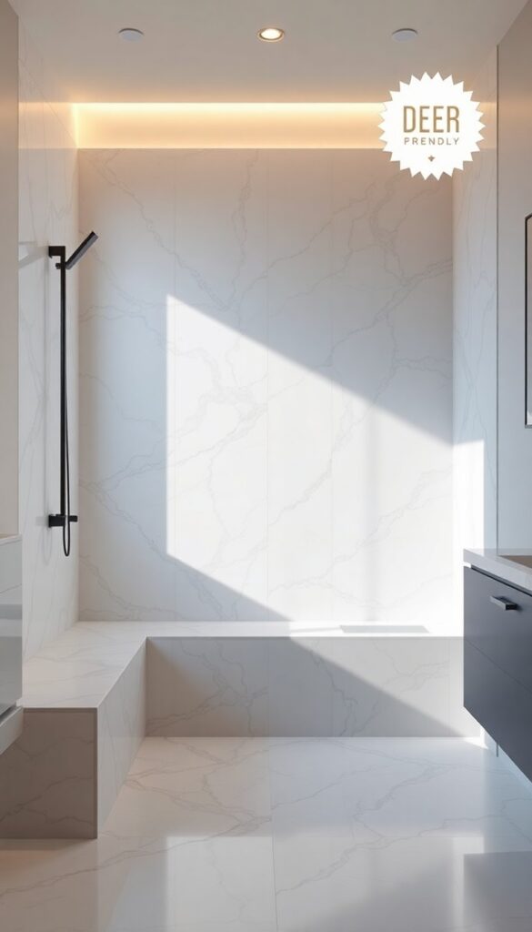 A close-up view of marble slabs on a shower curb in a bathroom, displaying timeless elegance with natural veining and polished edges under natural light.
