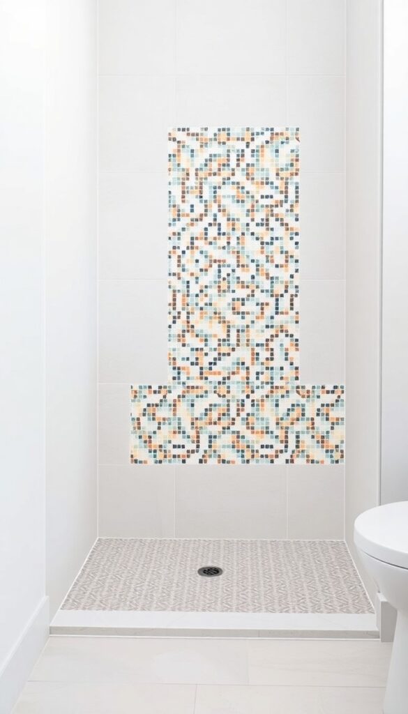 Close-up of mosaic tile patterns on a shower curb in a bright bathroom setting