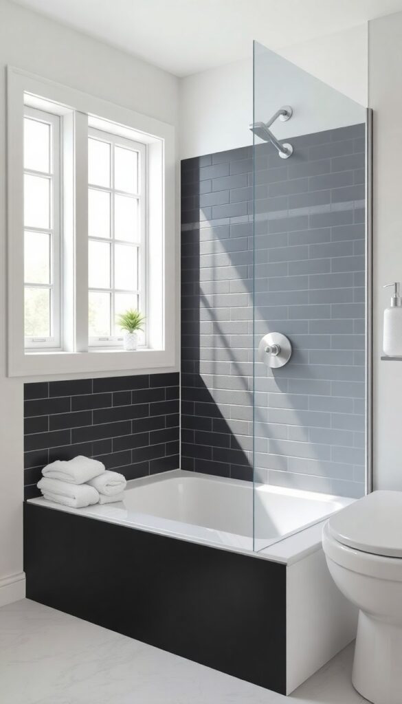 A modern bathroom shower curb featuring matte black tiles in bright natural light, contrasting with light walls and brushed nickel fixtures.