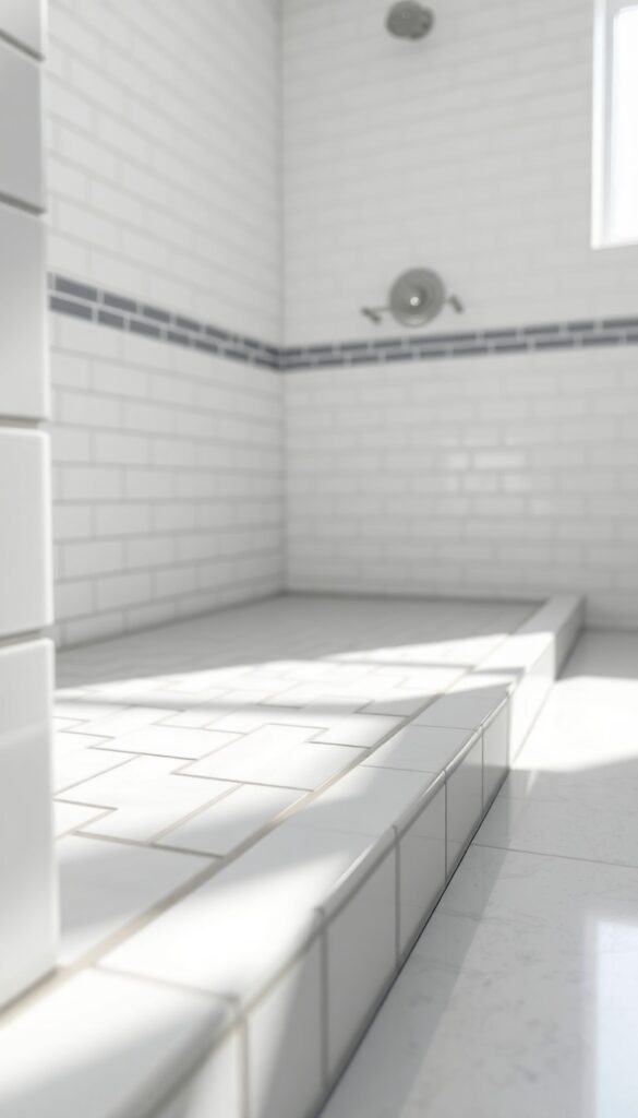 Close-up of a shower curb with subway tiles in a herringbone pattern, featuring white tiles and dark gray grout in a bright bathroom setting.