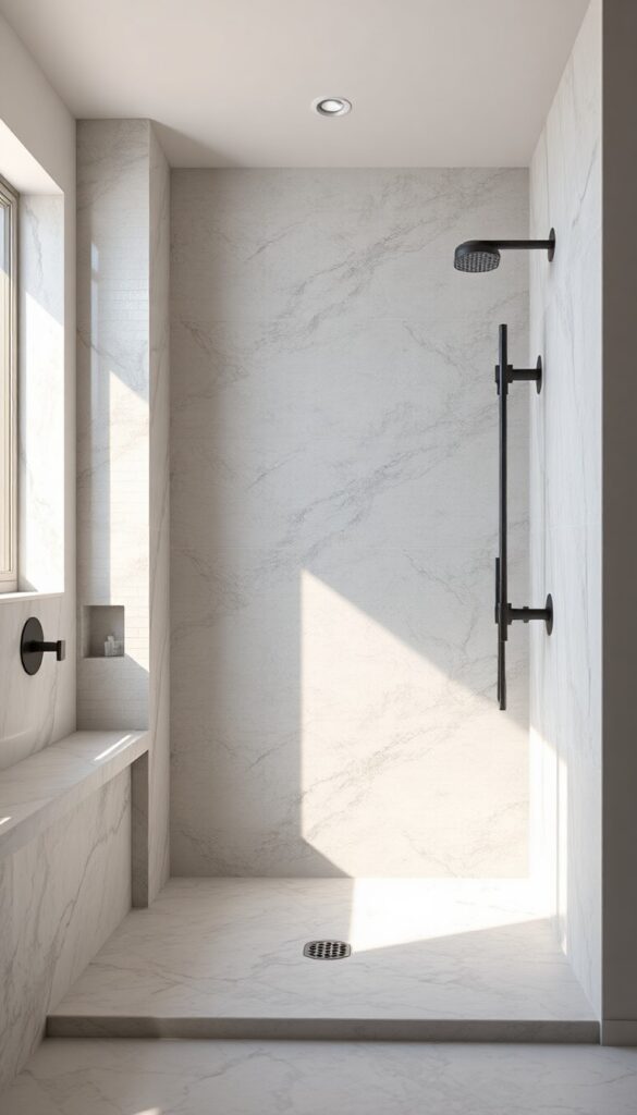 Photorealistic image of a shower with natural stone accents like marble or slate, showcasing elegant textures and minimalist design in a bright bathroom.