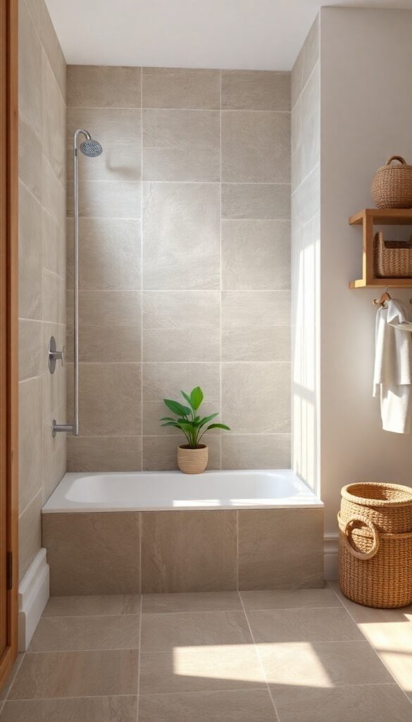 Natural stone slate or travertine tiles on a shower curb in a bright bathroom with wood accents and plants for an earthy, spa-like vibe.