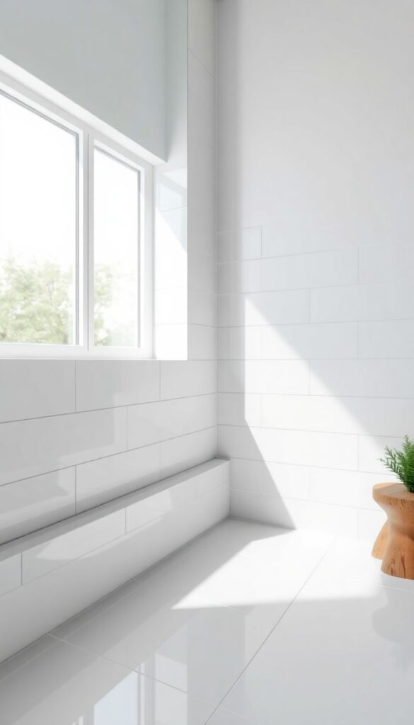 Close-up of glossy white tiles on a shower curb in a bright, clean bathroom with natural light reflection and subtle decorative accents.