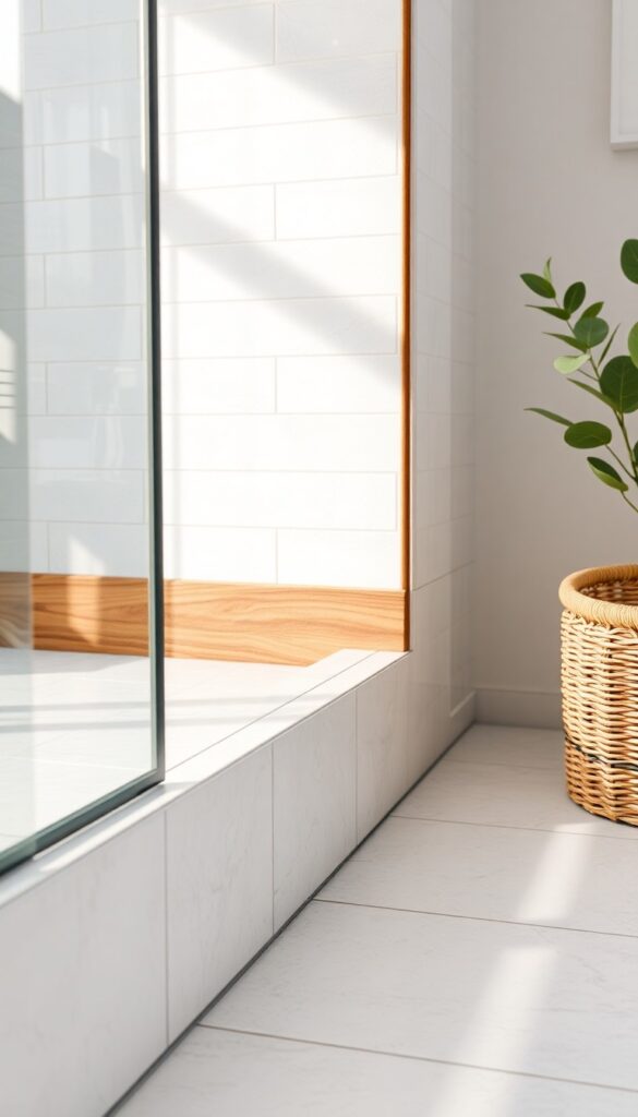 Close-up of a shower curb with mixed tile and wood accents in a bright bathroom, showcasing a cozy and durable design with natural light and clean composition.