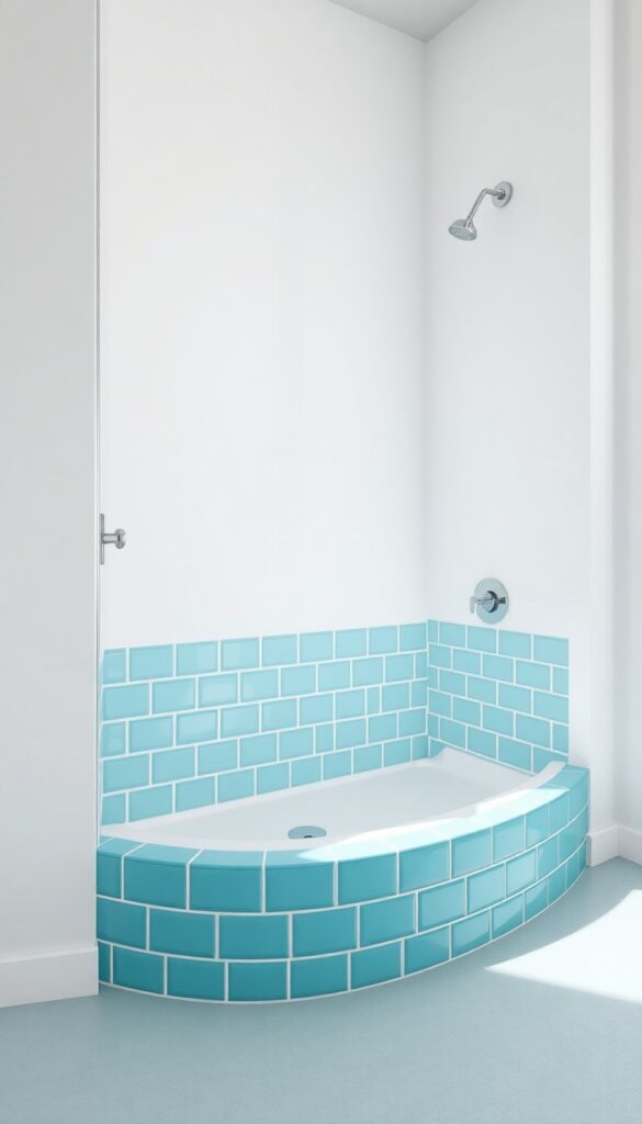A close-up view of a shower curb with bold blue ceramic tiles in a bright bathroom setting, showcasing a vibrant color pop as part of home decor inspiration.
