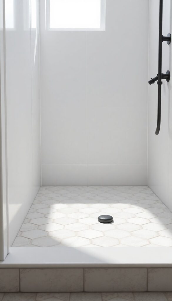 Close-up of hexagonal tiles on a shower curb in a bright bathroom, showcasing retro charm with geometric pattern and dark grout for a finished look.