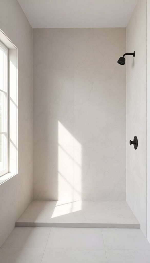 Minimalist bathroom shower curb with large-format tiles in neutral tones, showcasing a seamless surface with minimal grout lines under natural light.