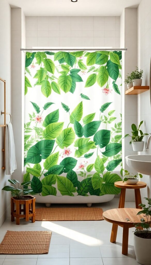 Botanical print shower curtain in a bright bathroom with natural light and wood accents