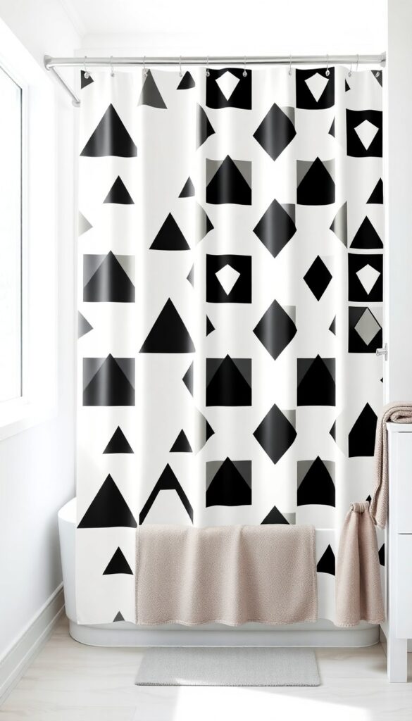A modern bathroom with a geometric-patterned shower curtain in black and white, showcasing clean lines and minimalist decor to add personality without clutter.