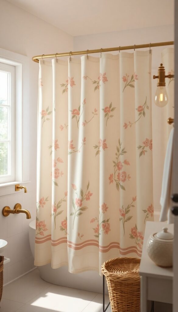 Vintage-inspired floral shower curtain in muted colors hanging in a bright bathroom with antique brass fixtures and warm lighting, creating a cozy retro vibe.