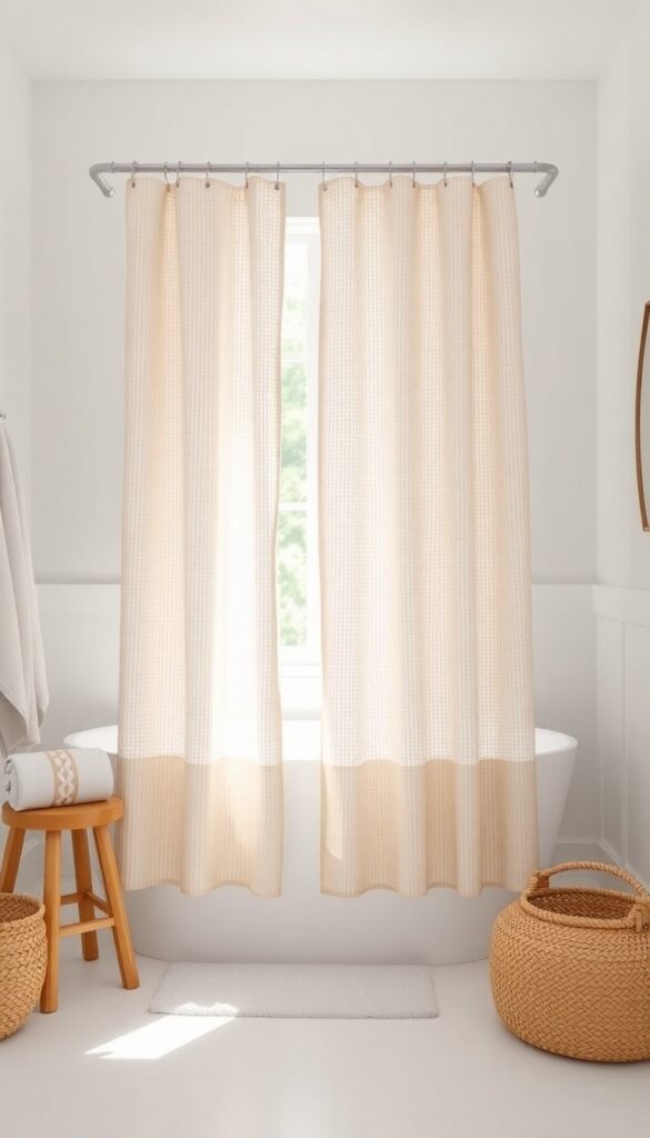 Textured linen shower curtain in a minimalist bathroom with natural light and neutral decor