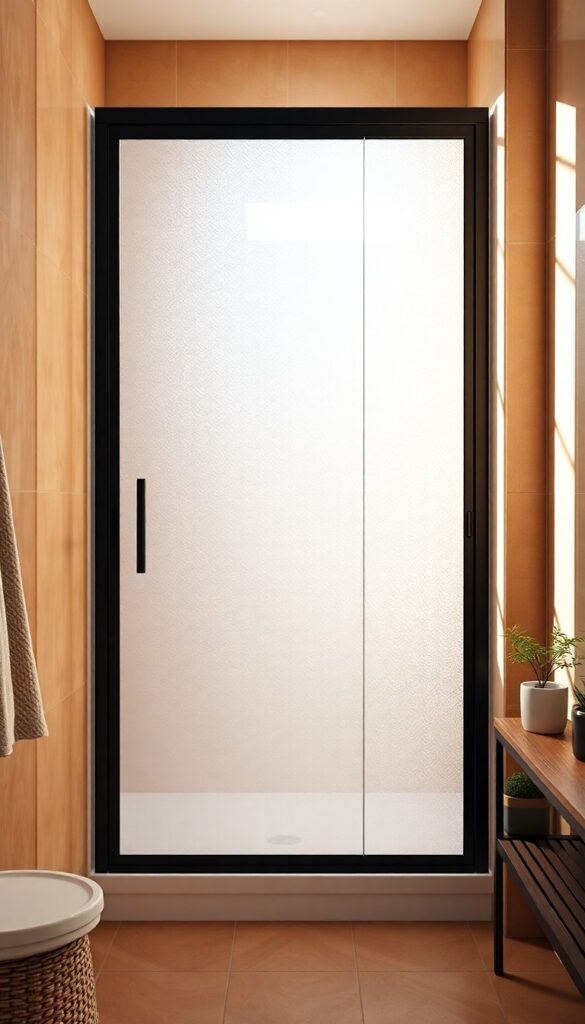 A modern bathroom shower enclosure with frosted glass panels for privacy and style, featuring natural light, matte black frames, warm tiles, and decorative plants.