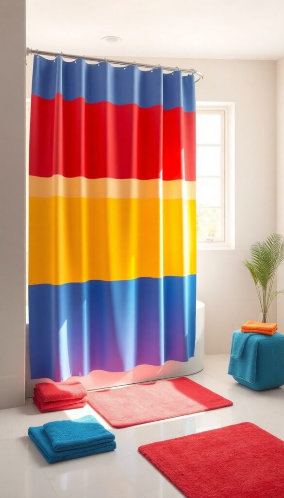 A bright bathroom with a bold color block shower curtain adding instant energy to the space.