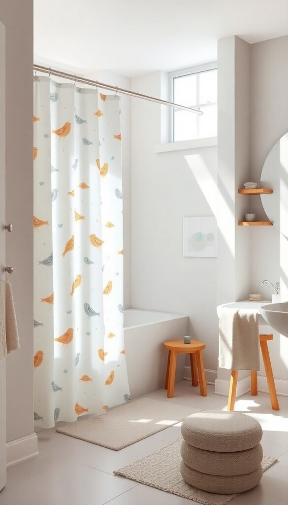 A bright bathroom with a whimsical animal print shower curtain depicting birds and fish, paired with simple towels and wood accents for a playful yet cohesive look.