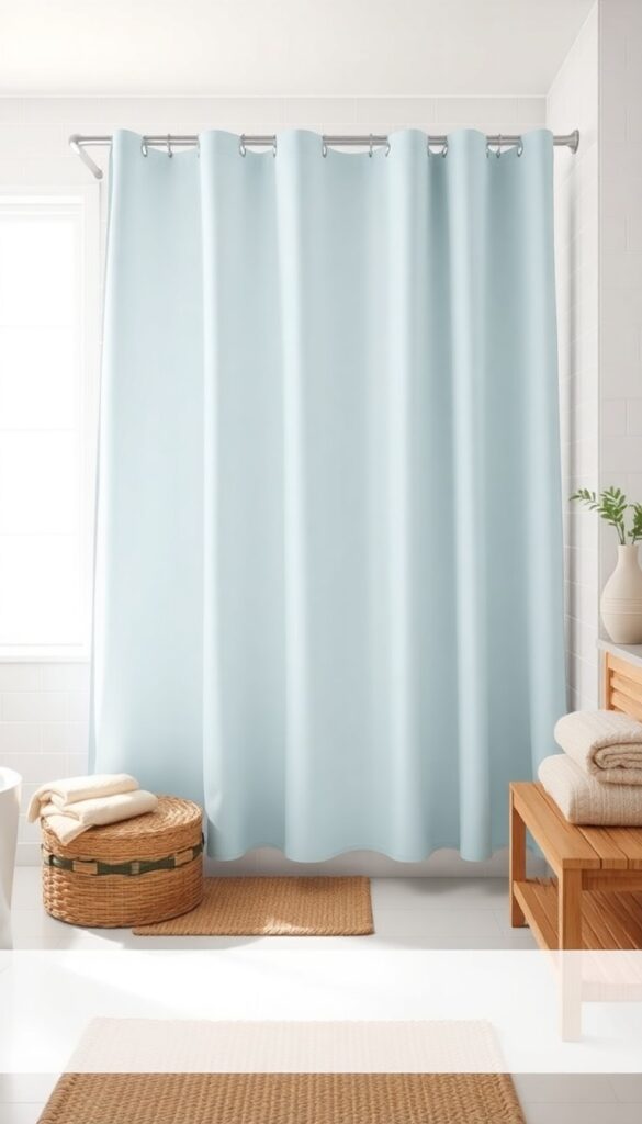 A minimalist solid-colored shower curtain in a soft hue providing a serene backdrop in a bright bathroom with natural light and textured decor elements like towels and plants.