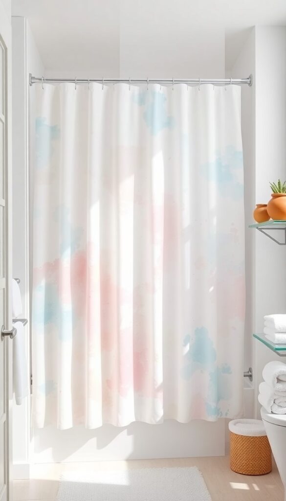 A tie-dye or watercolor shower curtain in a bright bathroom with natural materials and clean decor.