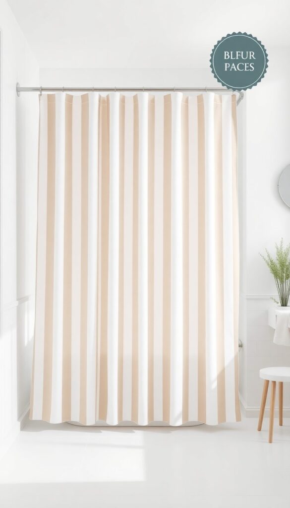 A striped shower curtain in a bright bathroom creating a sense of expanded space with vertical stripes.